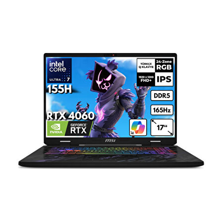 MSI PULSE 17 AI Ultra 7-155H 64-GBDDR5 1 TBSSD RTX4060 (8GB-140W) 17" FHD+ 165Hz Freedos Gaming Notebook C1VFKG-083XTRHMF3