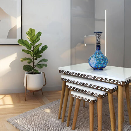 Evmob Evim Mobilya Lüks 1. Sınıf Mdf Oymalı 4’lü Zigon Sehpa Seti – Beyaz & Ceviz, Modern Tasarım