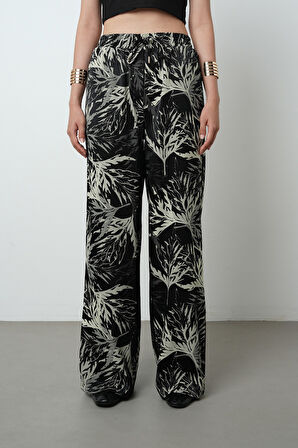 Kadın Siyah Renk Dal Desenli Bol Paça Beli Lastikli Pantolon