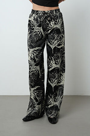 Kadın Siyah Renk Dal Desenli Bol Paça Beli Lastikli Pantolon