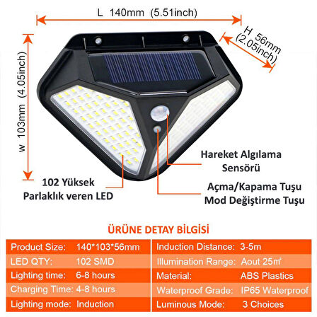 Technojet 2Adet Solar 102 Ledli Modlu Bahçe Aydınlatması Güneş Enerjili Hareket Sensörlü Lamba