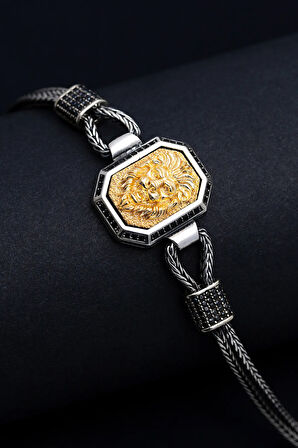 Erkek Gümüş Bileklik - Aslan Figürlü Tilkikuyruğu Zincirli 925 Ayar Gümüş Bileklik