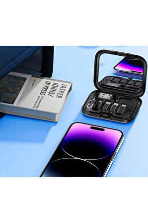 8in1 USB-C Hızlı Şarj Veri Kablosu iPhone Xiaomi Type-C Kablo Tutucu Aynalı Seyahat Seti