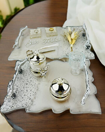 Enchant Gümüş Polyester Söz Tepsisi ve Damat Kahve Fincan Tepsisi 