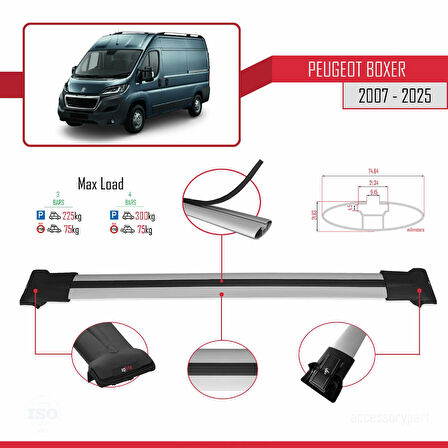 Peugeot Boxer 2 2007 ve Sonrası ile Uyumlu FLY Model Ara Atkı Tavan Barı Gri 3 Adet