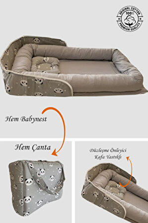 Babynest Gri Panda Anne Çantalı Babynest Bebek Yatağı Taşınabilir Yatak %100 Pamuklu Kumaş