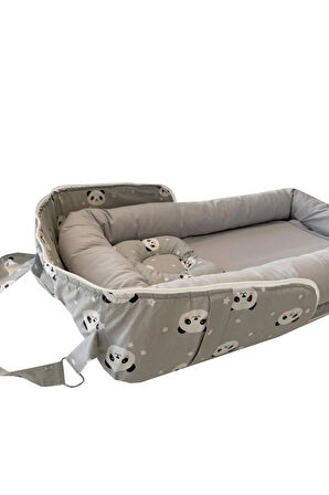 Babynest Gri Panda Anne Çantalı Babynest Bebek Yatağı Taşınabilir Yatak %100 Pamuklu Kumaş