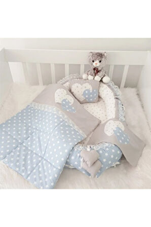 Nest Mavi Yıldızlı Lüx Jaju-babynest Anne Yanı Bebek Yatağı Set