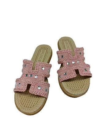 SİA ÇANTA  Hasır Örme Kemerli Boncuk Taşlı Yumuşak Sıkı Mantar Taban Kadın Terliği , Rahat Sandelet Tarzı Kaydırmaz Taban Kadın Terlik