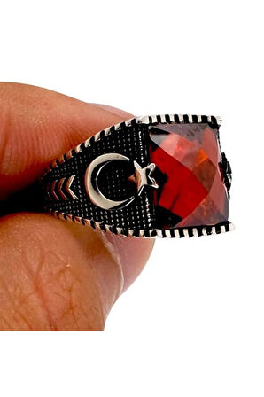 Erkek Gümüş Yüzük - Kırmızı Zirkon Taşlı Ay Yıldızlı Gümüş Erkek Yüzük