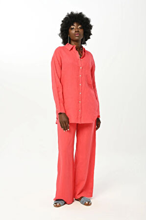 KADIN TEK CEPLİ DÜZ RENK %100 KETEN GÖMLEK