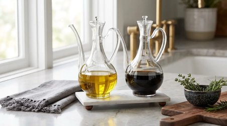 2'li Cam Yağdanlık Seti 750+750 ml Mermer Stant Glory Borosilikat Sirkelik – El Üretimi Yağ, Sirke v