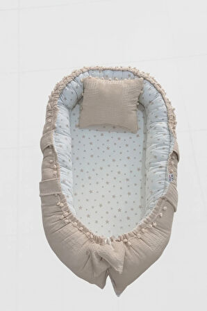 Nest Kahve Pike Ve Poplin Kumaş Tasarım Ponponlu Jaju-babynest Anne Yanı Bebek Yatağı