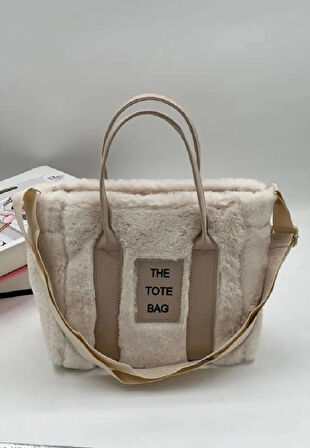 THE TOTE BAG Bej Peluş Uzun Nubuk Kolon Askılı Kadın El ve Omuz Çantası