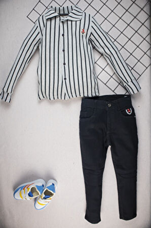 Erkek Çocuk Takım –Çizgili Gömlek ve Siyah Pantolon Kombini I Günlük ve Özel Günler İçin Çocuk Takım