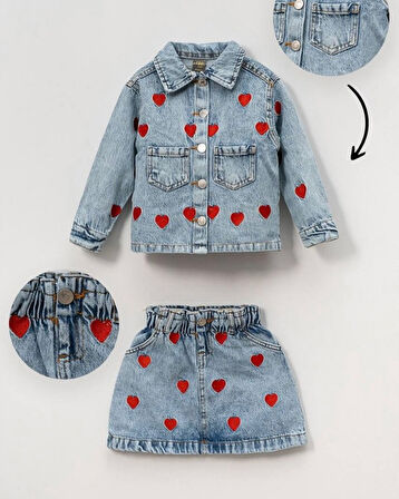 Bayramlık Kız Çocuk Kot Ceket & Etek Takımı I  Kalp Nakışlı Şık ve Rahat! I Kız Çocuk Jean Takımı