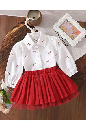  Kız Çocuk Şık Fırfırlı Kırmızı Etekli Takım – Uzun Kollu Gömlekli -Fiyonklu Gömlek ve Kırmızı Etek