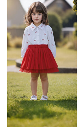  Kız Çocuk Şık Fırfırlı Kırmızı Etekli Takım – Uzun Kollu Gömlekli -Fiyonklu Gömlek ve Kırmızı Etek