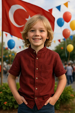 Erkek Bordo Keten Yarım Kollu Hakim Yaka Gömlek – Şık ve Rahat Tasarım I Erkek Çocuk Gömlek