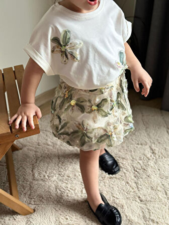 Alt Üst Takım Kız Çocuk | Balon Etekli Çiçekli 2’li Kombin I Kız Çocuk Elbise Takım |Çiçekli Kombin