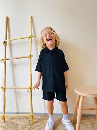 Erkek Çocuk Yazlık Takım 3-10 Yaş – Şortlu Gömlek Set | Börümcük Kumaş Alt Üst İkili Takım