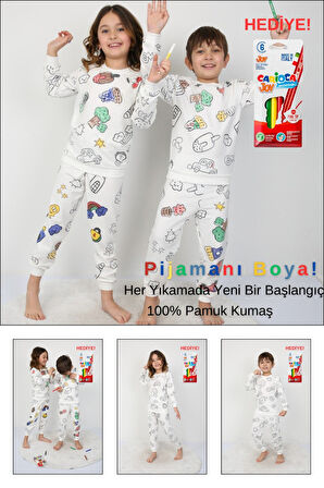 Boyanabilir Çocuk Pijama Takımı + Kalem I Renkli Rüyalar I Her Yıkamada Yeniden Tasarla
