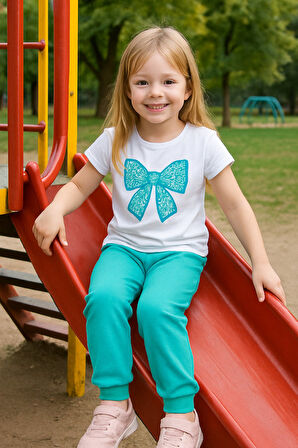 Kız Çocuk Yazlık Şık Takım | Fiyonk Desenli Tişört ve Eşofman Alt I Pamuklu Terletmez I Çocuk Takım