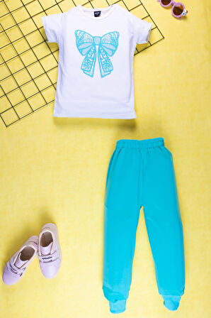 Kız Çocuk Yazlık Şık Takım | Fiyonk Desenli Tişört ve Eşofman Alt I Pamuklu Terletmez I Çocuk Takım