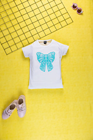 Kız Çocuk Yazlık Şık Takım | Fiyonk Desenli Tişört ve Eşofman Alt I Pamuklu Terletmez I Çocuk Takım