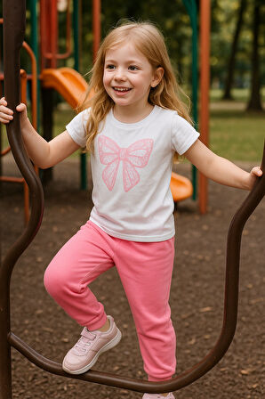 Kız Çocuk Yazlık Şık Takım | Fiyonk Desenli Tişört ve Eşofman Alt I Pamuklu Terletmez I Çocuk Takım