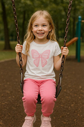 Kız Çocuk Yazlık Şık Takım | Fiyonk Desenli Tişört ve Eşofman Alt I Pamuklu Terletmez I Çocuk Takım