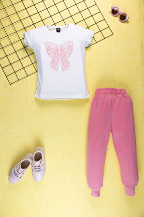 Kız Çocuk Yazlık Şık Takım | Fiyonk Desenli Tişört ve Eşofman Alt I Pamuklu Terletmez I Çocuk Takım