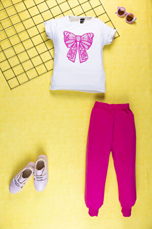 Kız Çocuk Yazlık Şık Takım | Fiyonk Desenli Tişört ve Eşofman Alt I Pamuklu Terletmez I Çocuk Takım