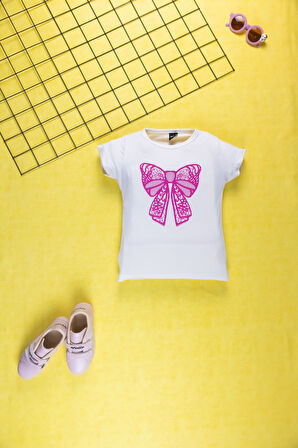 Kız Çocuk Yazlık Şık Takım | Fiyonk Desenli Tişört ve Eşofman Alt I Pamuklu Terletmez I Çocuk Takım