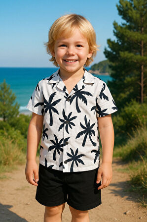 Çocuklar İçin Yazlık Takım: Palmiye Desenli Gömlek ve Şort I Tatilde Şıklık I Bürümcük Kumaş I