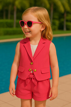 Kız Çocuk Pembe Yazlık Takım – Müslin Kumaş Yelek & Şort Seti - Şık Yazlık Üçlü Set- Kız Çocuk Takım