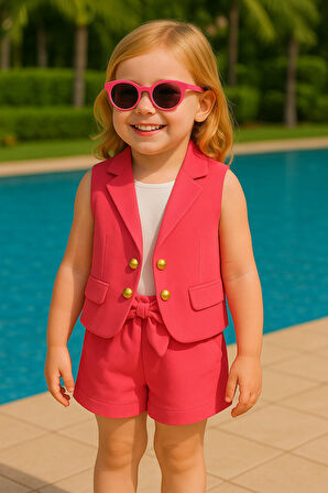 Kız Çocuk Pembe Yazlık Takım – Müslin Kumaş Yelek & Şort Seti - Şık Yazlık Üçlü Set- Kız Çocuk Takım