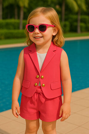 Kız Çocuk Pembe Yazlık Takım – Müslin Kumaş Yelek & Şort Seti - Şık Yazlık Üçlü Set- Kız Çocuk Takım