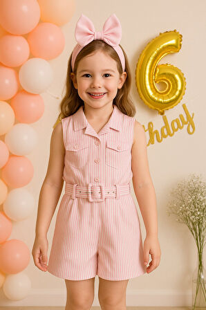 Kız Çocuk Şık Yazlık Tulum I Pembe Çizgili, Kemerli ve Aksesuarlarıyla I Kız Çocuk Takım