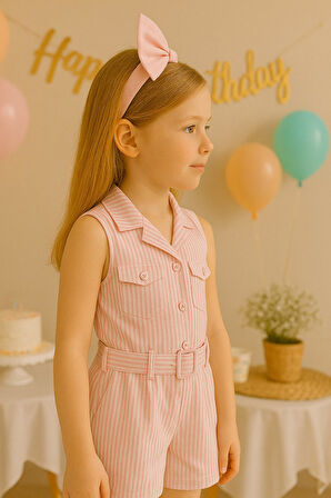 Kız Çocuk Şık Yazlık Tulum I Pembe Çizgili, Kemerli ve Aksesuarlarıyla I Kız Çocuk Takım