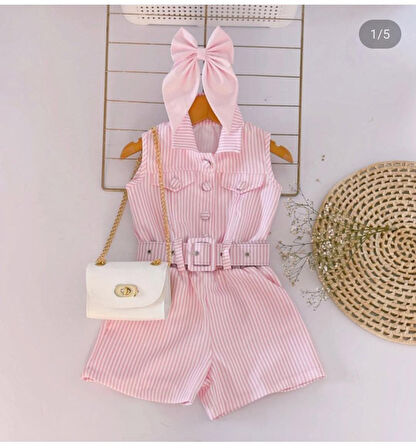 Kız Çocuk Şık Yazlık Tulum I Pembe Çizgili, Kemerli ve Aksesuarlarıyla I Kız Çocuk Takım