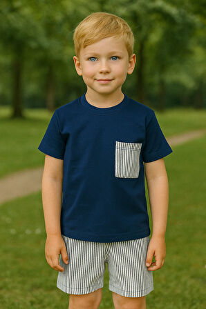 Erkek Çocuk Takım I Çocuk Yazlık Takım I  Tişört ve Çizgili Şort Kombini Cep Detayı I Çocuk Giyim