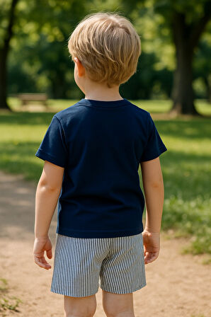 Erkek Çocuk Takım I Çocuk Yazlık Takım I  Tişört ve Çizgili Şort Kombini Cep Detayı I Çocuk Giyim