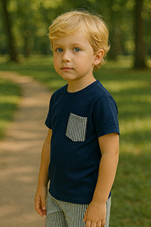 Erkek Çocuk Takım I Çocuk Yazlık Takım I  Tişört ve Çizgili Şort Kombini Cep Detayı I Çocuk Giyim