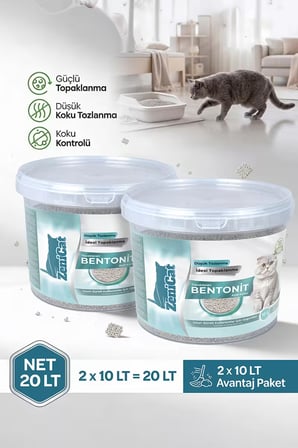 Naturel Bentonit Kedi Kumu 2x10 Lt - İnce Taneli Güçlü Topaklanan Kokusuz Tozsuz Kovalı