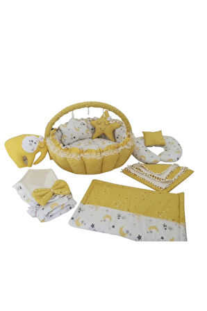 Sarı Ay Desenli Lüx Babynest Oyun Minderi 9 Parça Set