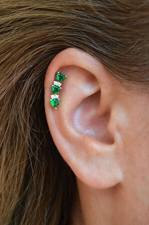 Zirkon Taşlı Sıralı Kalpli Küpe Lob Helix Kıkırdak Uyumlu