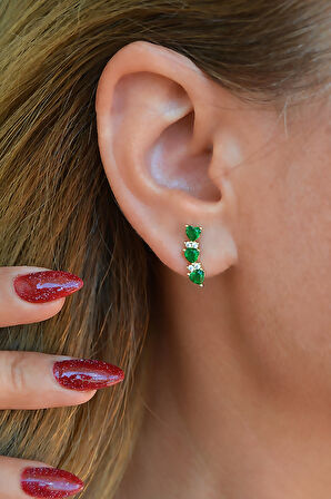 Zirkon Taşlı Sıralı Kalpli Küpe Lob Helix Kıkırdak Uyumlu