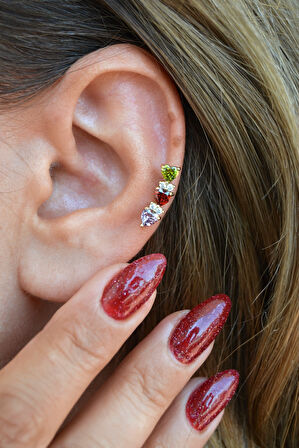 Zirkon Taşlı Sıralı Kalpli Küpe Lob Helix Kıkırdak Uyumlu