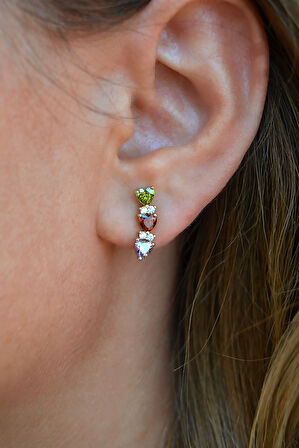 Zirkon Taşlı Sıralı Kalpli Küpe Lob Helix Kıkırdak Uyumlu